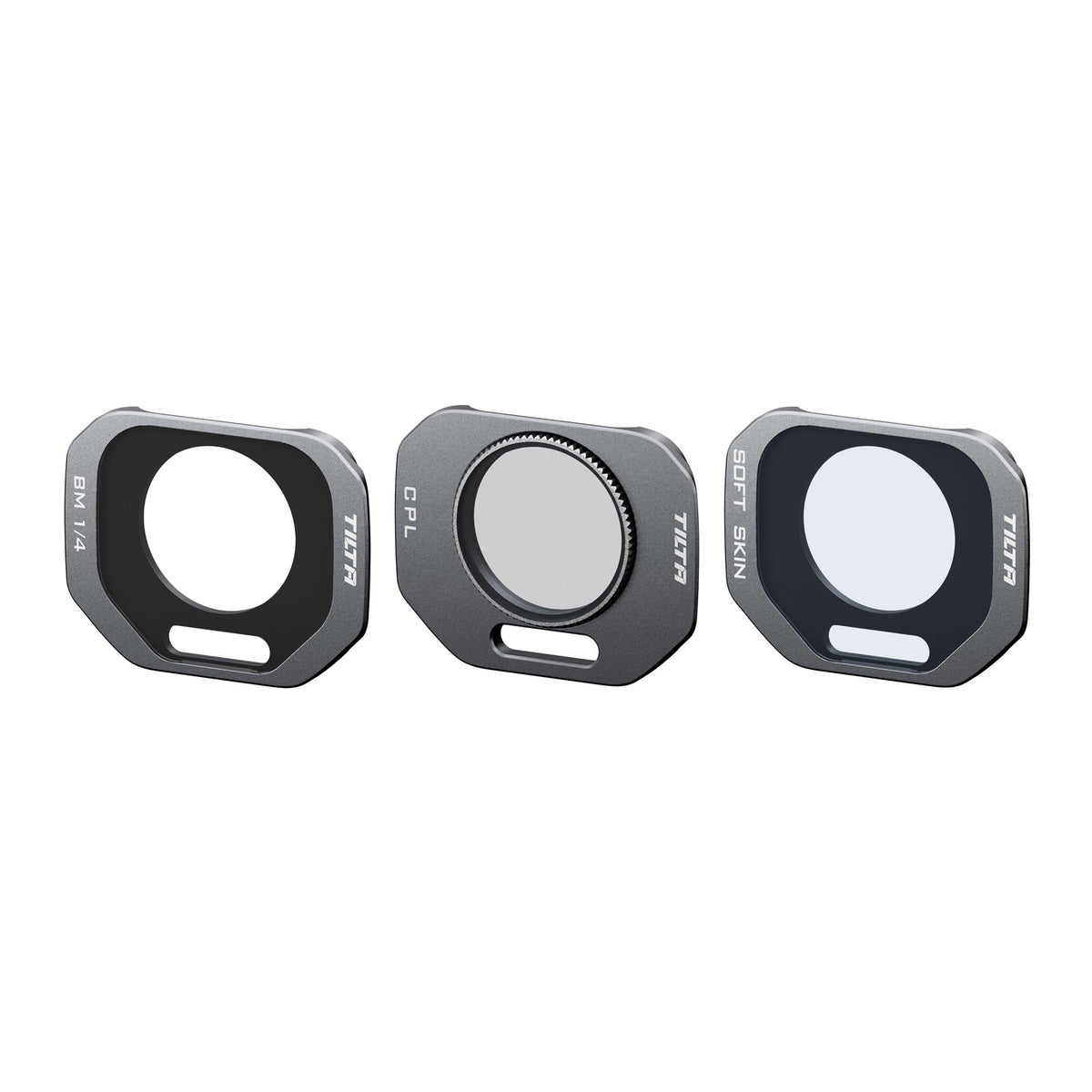 Three Tilta magnetic lens filters including BM 1/4, CPL, and Skin Softening Filter, designed for Insta360 Luna Pro