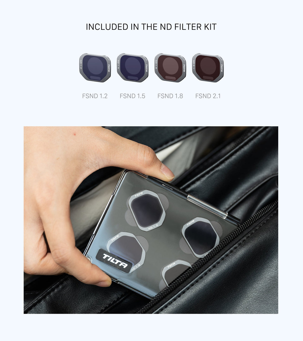 Tilta ND filter kit including FSND 1.2, 1.5, 1.8, and 2.1 filters stored in a protective case