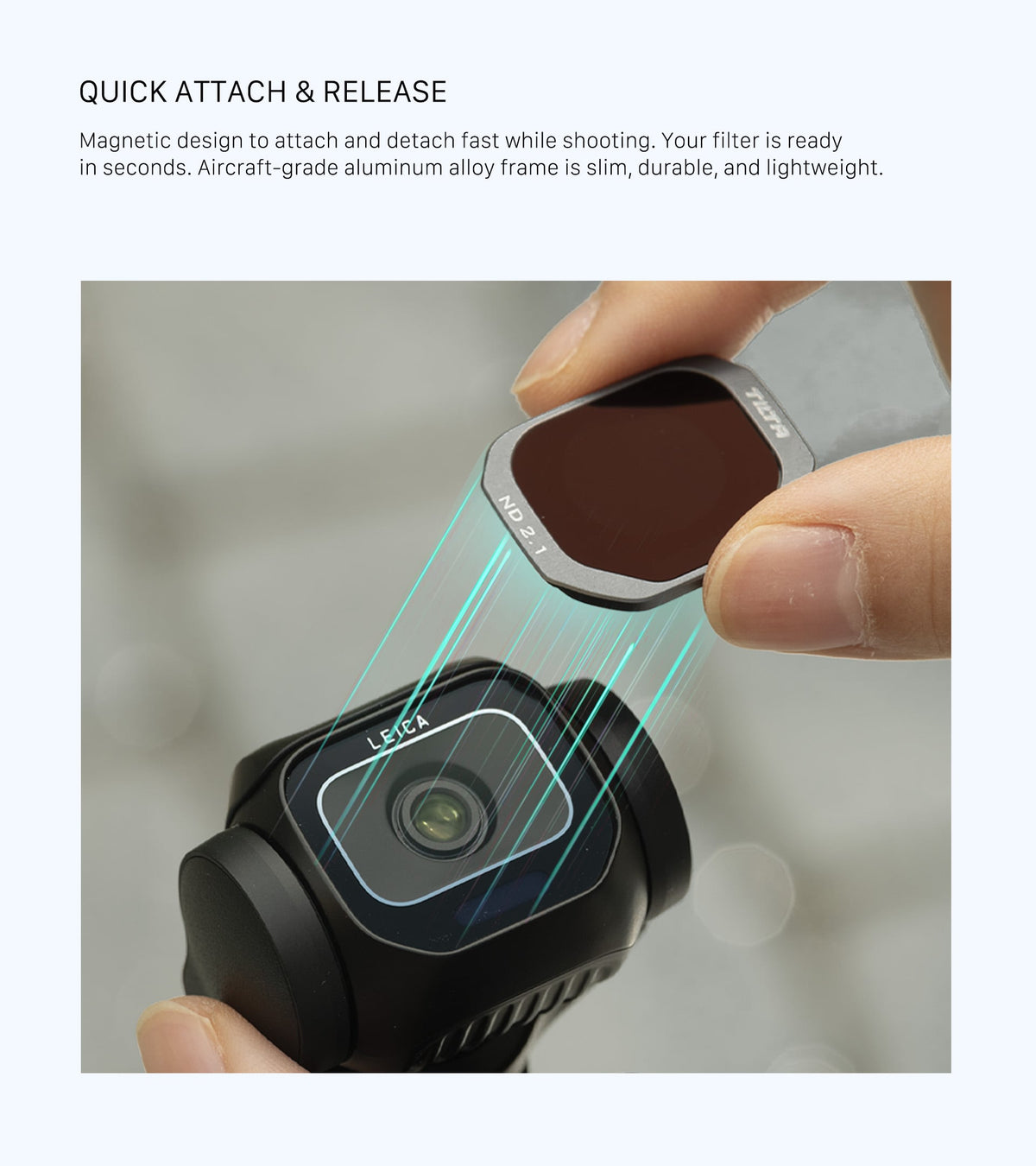 Hand attaching a magnetic Tilta ND 2.1 filter to Insta360 Luna Pro for quick release functionality