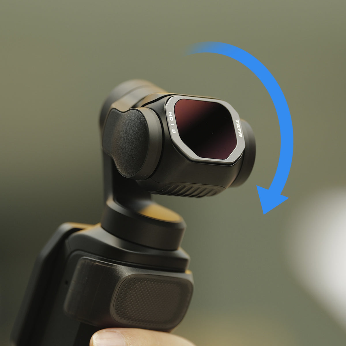 Tilta ND 1.8 magnetic filter attached to Insta360 Luna Pro, demonstrating easy installation with a rotation icon