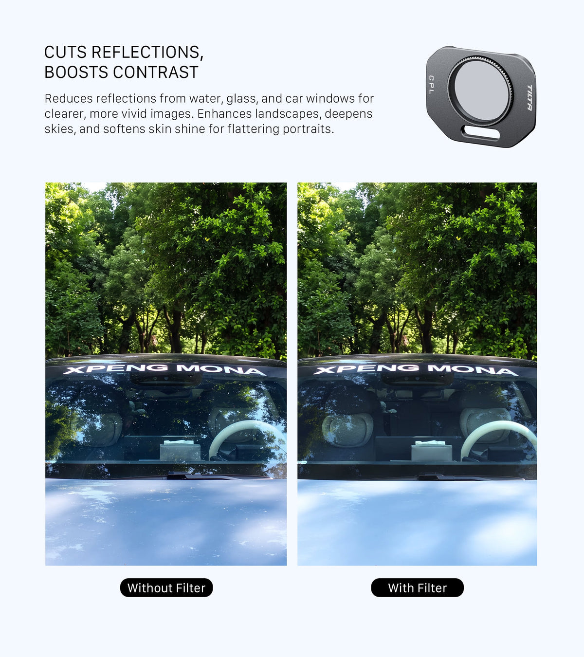 Tilta CPL filter demonstrating reflection reduction on a car windshield, shown in before and after comparison