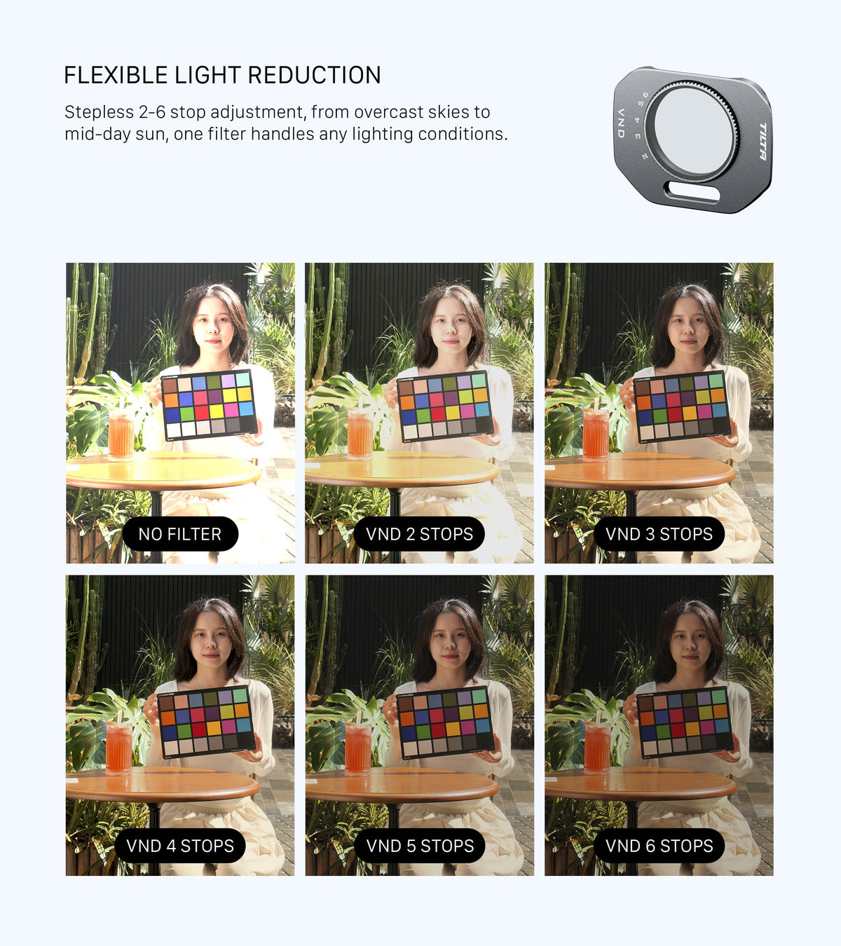 Tilta variable neutral density filter demonstrating stepless light reduction from 2 to 6 stops in various lighting conditions