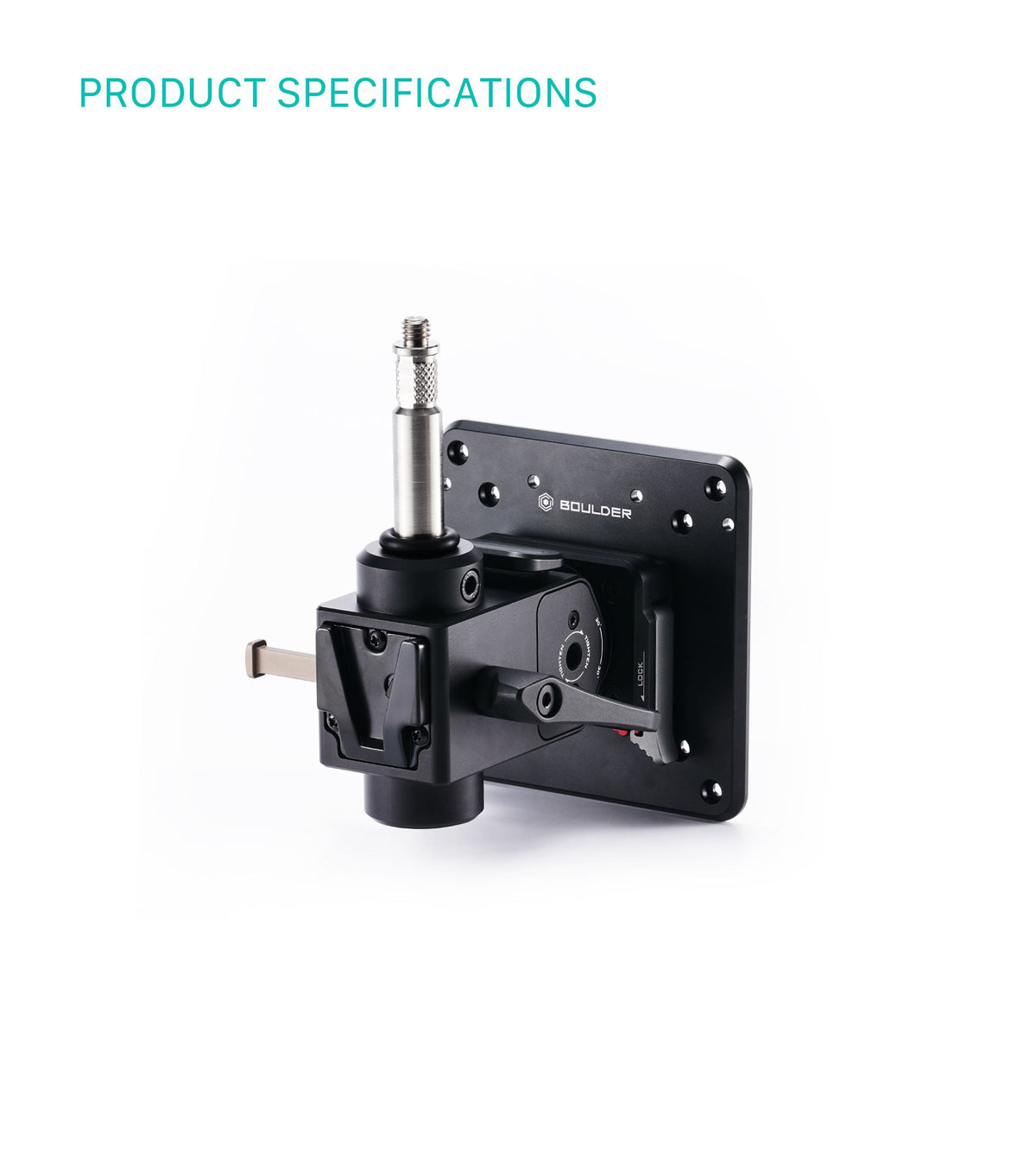 Tilta Boulder monitor mount with locking mechanism and adjustable spigot, labeled with Product Specifications