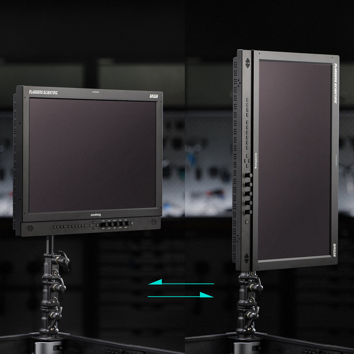 Flanders Scientific DM220 monitor on a stand, shown in both horizontal and vertical orientations with a rotation arrow