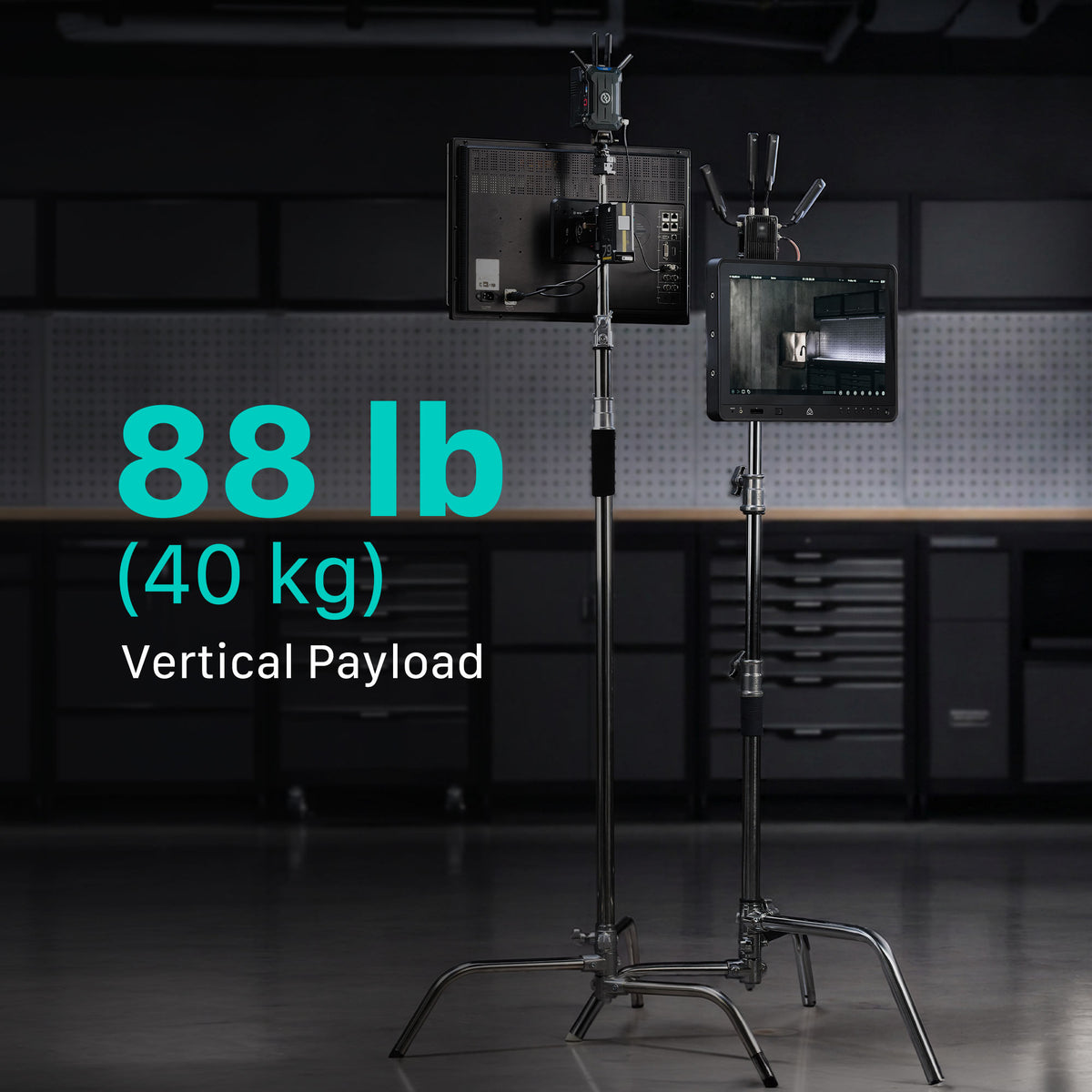 Two light stands supporting professional production monitors and wireless video receivers, featuring an 88 lb (40 kg) vertical payload