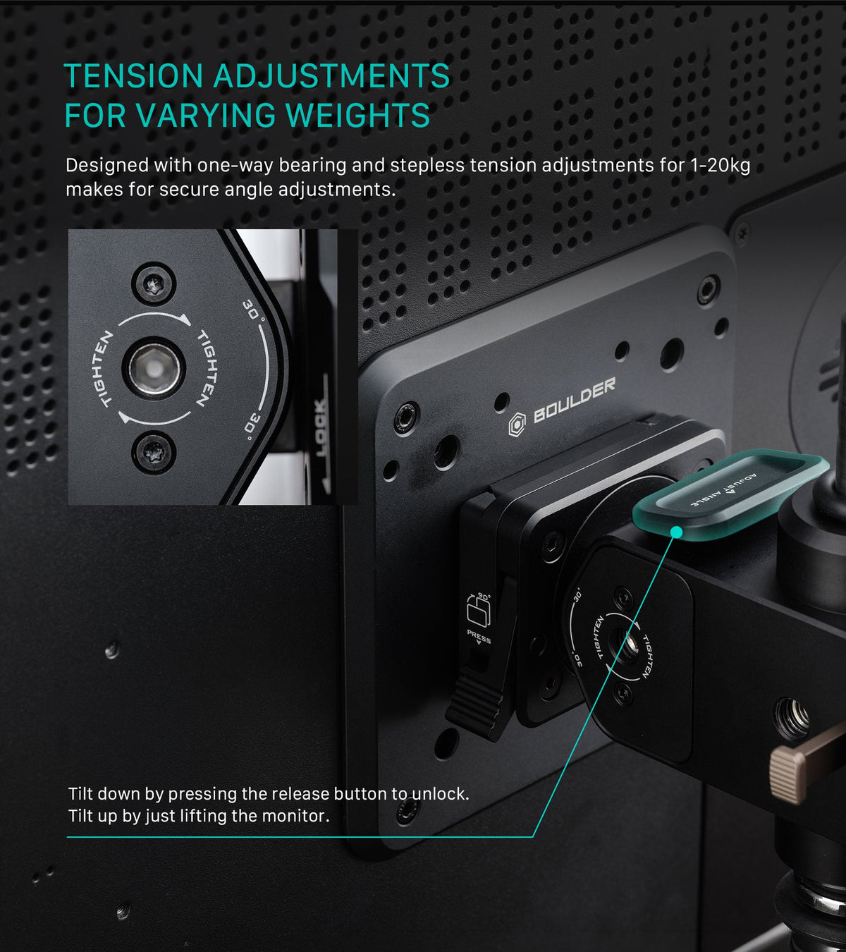 Boulder monitor mount featuring stepless tension adjustments for weights from 1-20kg and a quick-release tilt mechanism