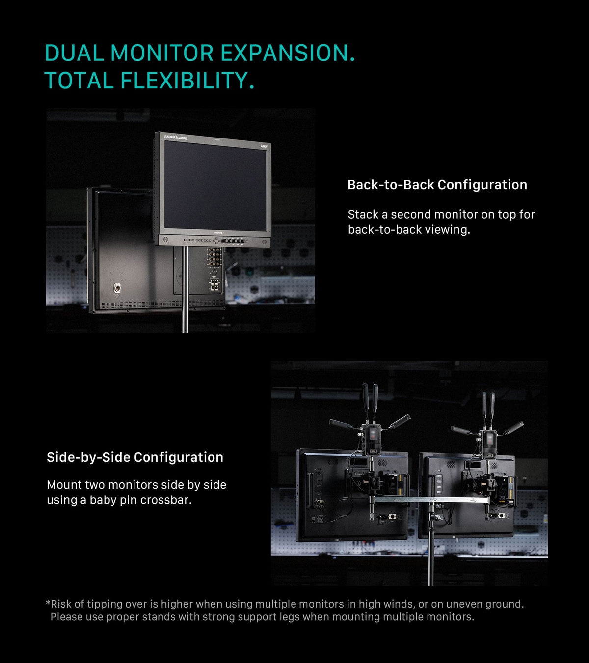 Dual monitor expansion showing back-to-back stacking and side-by-side mounting configurations using a baby pin crossbar